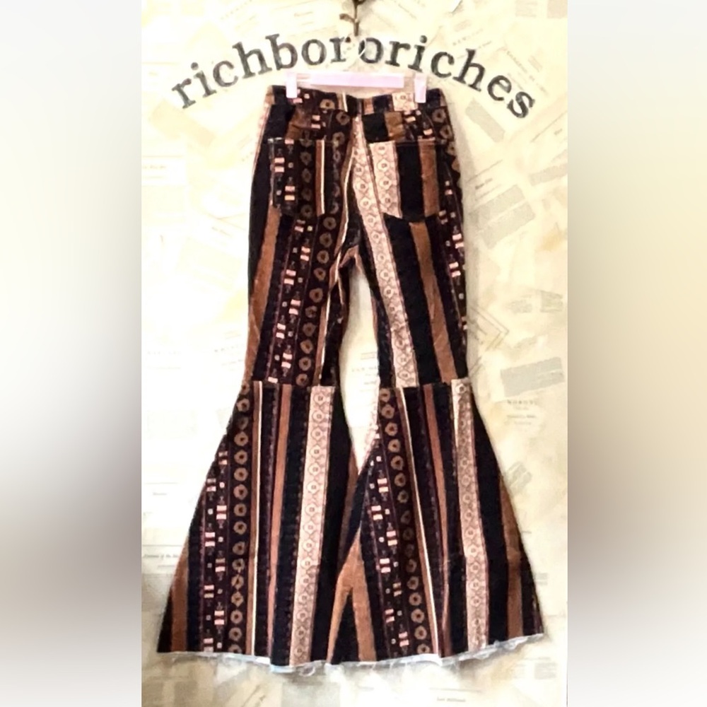Free People Just Float On Flare Jean Corduroy Print Stripe Black Brown Tan - Picture 3 of 6
